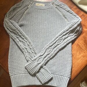 Michael Kors Gray Crew Neck Sweater with Cable Knit Sleeves and zippers detail